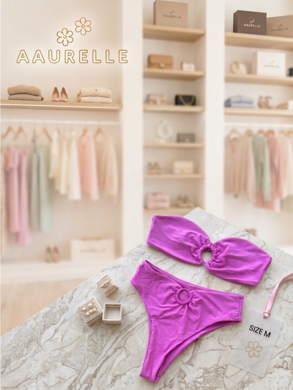 AURELLE Women’s Orchid Pink O-Ring Strapless Two-Piece Bikini Set Size M